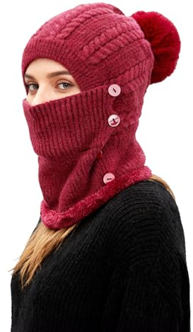 TAGVO Vinter varm stickad mössa och halsvärmare set, flexibel stickad mössa hatt med hårboll, mjuk tjock fleecefodrad, kvinnor justerbar ansiktsmask för utomhussport, vintergåva, Röd, M/L