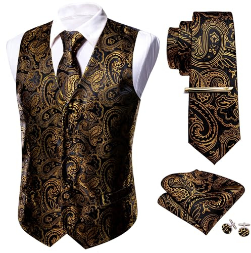 Barry.Wang Ensemble de gilet pour homme motif cachemire : cravate, mouchoir, boutons de manchette, clip de costume, gilet de designer, 5 pièces, Or vieilli., XL