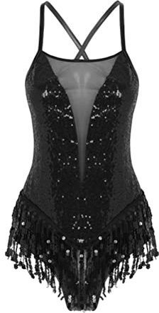 Aislor Ballettbody Damen Tanzbody Glitzer Ballettkleid Ärmellos mit Pailletten Fransen Ballett Trikot Rock Latein Kleid Tanzkostüm Schwarz L