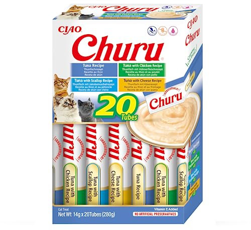 INABA Churu Katzen Leckerlies Einzelzutat mit Thunfisch, Getreidefrei, Zuckerfrei, Kalorienarm, 100% natürliches Fleisch, Creamy Leckerli Katze, Keine Nebenerzeugnisse Premium Cat Treats 20 x 14g