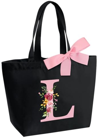 Sac Fourre-Tout Personnalisé avec Initiale, Sac Tote bag avec Noeud Papillon, Adapté pour Mariage Vacances Voyage Anniversaire Noël, Sac Cadeau Parfait pour femmes demoiselles d'honneur maman amis L