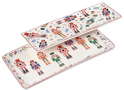 Bico Christmas Soldier Ceramic Rectangular Serving Platters Set of 2, 14 Inch, Microwave & Dishwasher Safe, Large and Medium Platters for Appetizers, Cheese, Salad, Pasta