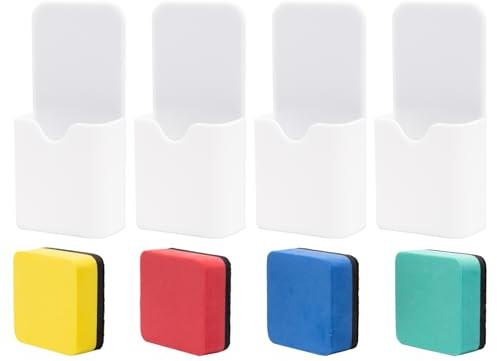 Neikafan 4 Pièces Porte Marqueur Magnétique Tableau Blanc et 4 Pcs Éponge pour Tableau Blanc Magnétique, Porte Stylo Aimanté Ressort pour Réfrigérateur Bureau Casier Surfaces Magnétiques