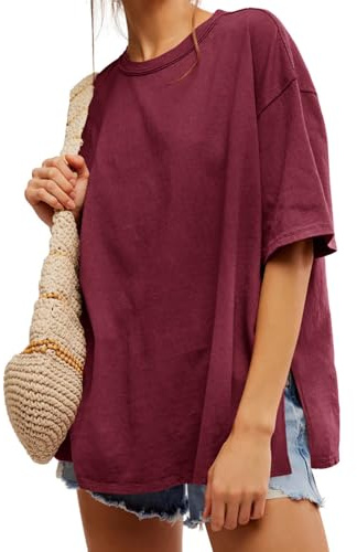 Tankaneo Womens Oversized Tshirts Summer Casual Short Sleeve Crew Neck T Shirt Loose Fit Side Slit Tee Tops Burgundy