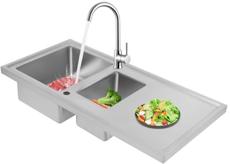 Lavello da incasso in acciaio inox, 100 x 50 cm, a doppia ciotola, 1 lavandino da cucina con tubi di scarico e cestelli, colore argento, rettangolare
