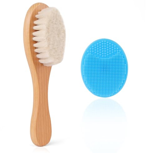 Beugo 2 Pièce Brosses à Cheveux de Bébé, Brosse à cheveux Poils de chèvre avec Brosse de Massage en Silicone pour Nouveau-né Garçons et Filles