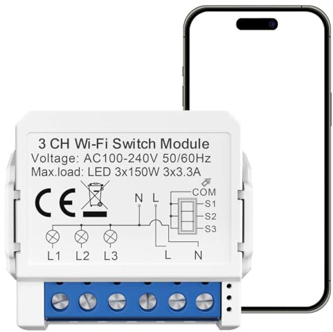 Acmerota Wi-Fi Smart Switch Mini Smart Light Switches Wi-Fi Smart Relay Switch 3 Way 3x3.3A Neutral Required, for Home Automation, Works With Alexa/Google Home Assistant, Remote Control