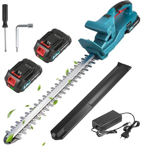 Yofidra Heckenschere Akku, Elektrische Heckenschere mit 2x2000mAh Akku und Ladegerät, Dual Schnittklingen 50cm Schnittlänge, 15mm Zahnabstand, Leichte Elektro-Heckenschere mit Schutzhülle