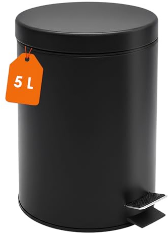 Spetebo Rostfritt stål Pedalhink rund svart matt 27 x 20 cm med lock – 5 l – metallsoptunna med fotpedal och avtagbar innerhink – Pedalavfallshink för badrum kök kontor