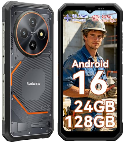 Blackview Rugged Smartphone Android 16, Ultra Sottile 10.7 mm, 24(8+16) GB+128GB/2TB Telefono Indistruttibile, Gemini AI, Display 6,56 HD+, IP69K Impermeabile, 16MP+13MP, 4G/NFC/OTG/3 Anni Garanzia