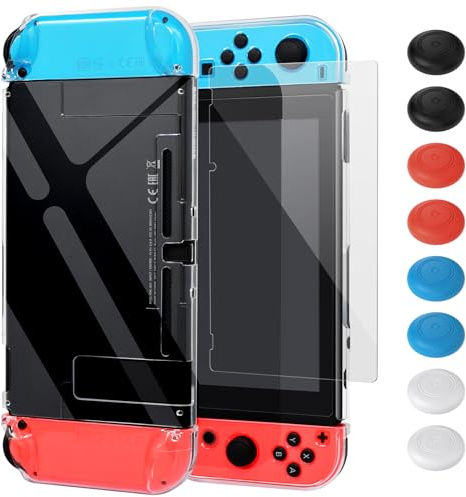 FYOUNG Coque et Protection D'écran Compatible avec Nintendo Switch, Étui PC Crystal Clear + Housse De Manettes Séparée + Film De Verre Trempé + Capuchon De Pouce - Transparent (Pas pour Switch OLED)