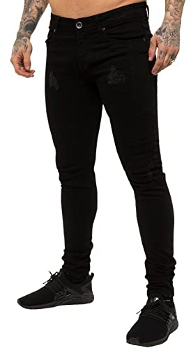 ENZO Designer stretch skinny fit biker denim jeans byxor alla midjestorlekar, Svart, 34W x 32L