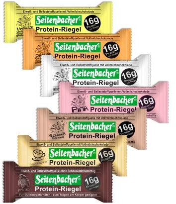 Seitenbacher 7er Pack ProbierboxProteinriegel Cappuccino Vanille Orange Schoko Erdbeere Kakao Mix I 16g/60g = 27% Protein I glutenfrei I glycerinfrei I (7 x 60 g)