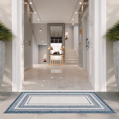 Safavieh Tappeto Contemporaneo per Soggiorno, Sala da pranzo, Camera da letto - Courtyard Collection, A Pelo Corto, Avorio e Marina, 61 X 109 cm