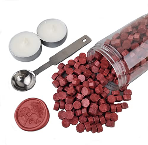 Sealing Wax Beads, AMTOL 300 Pcs Wax Sealing Beads with 2 Pcs White Candles and 1 Pcs Wax Melting Spoon, Great for Wedding Invitations,Cards Envelopes, Gift Wrapping (Wine Red)