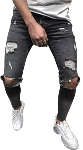 HULKAY Men's Slim Fit Stretch Jeans Ripped Skinny Jeans for Men, Distressed Tapered Leg Pants Fashion Holes Street Wear(Black,S)