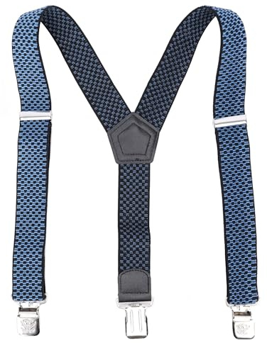 Leoodo Hosenträger Herren Damen Breit Y-Form für Arbeitshosen Skihose Motoradhose Fest lustig mit 3er Starken Clips und verschiedenen Motiven, HT Farbe:Blau Karo