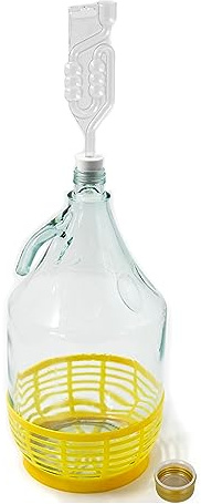 WYSKONT Bouteille bonbonne à col étroit avec bouchon à vis, panier de protection, sas et bouchon pour la fabrication du vin, la fermentation, le stockage des boissons, verre transparent, 1 x 5 L