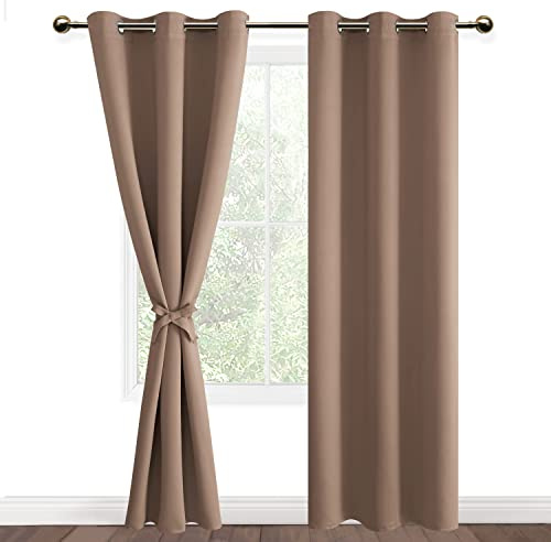 DWCN Khaki Blackout Curtains with Tiebacks for Bedroom Thermal Insulated Solid Eyelet Curtains for Living Room,2 Panels,46 Wide x 90 Drop