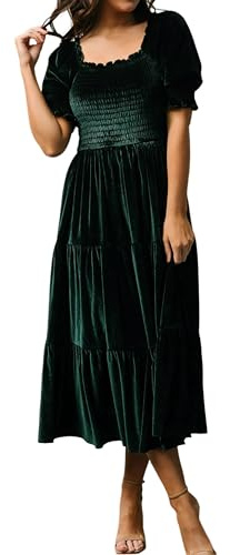 R.Vivimos Womens Fall Winter Velvet Dress Puff Sleeve Square Neck Smocked Tiered Ruffle A-Line Flowy Midi Dress (Medium, DarkGreen)