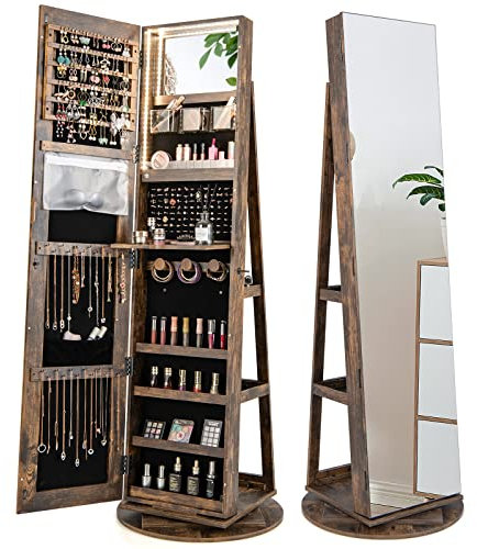RELAX4LIFE Armoire à Bijoux Pivotante à 360º avec Miroir Pleine Longueur, Miroir Bijoux sur pied avec Rangement, Éclairage LED, 3 Étagères pour Bagues Boucles d'Oreilles (Marron Rustique)