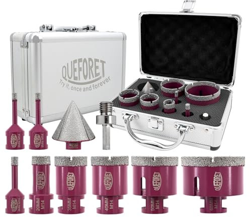 QUEFORET Diamant Fliesenbohrer Set 10 Stücke - 8 Stücke 6/6/8/20/35/40/50/68mm x M14 Bohrkronen, 1 Stück 50mm Fasenfräser, 1 Stück Adapter für Fliesen Keramik Porzellan Marmor Granit