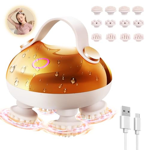 Euakee Massaggiatore Cuoio Capelluto,Corpo Elettrico Massaggiatore Testa Impermeabile IPX7 Ricaricabile Senza Fili con 12 Teste di Massaggio in Silicone,Spazzola per Massaggio della Testa (Oro)