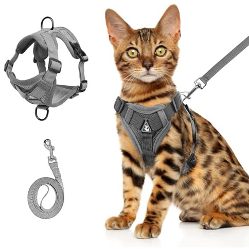 Wanheart Cat Breastplate and Leash Set, Reflective Striped Cat Walking Vest, Anti-Escape Adjustable Soft Mesh Cat Leash and Breastplate Set for All Types of Cats Cat Vests(Grey, L)