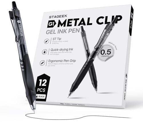 STAGEEK 12 Pack Black Gel Pens, Quick Dry Black Ink Pens, 0.5mm Fine Point Retractable Smooth Writing Pens for Journaling, Writing, Business Gel Pen for Office School & Home Supplies(Black)