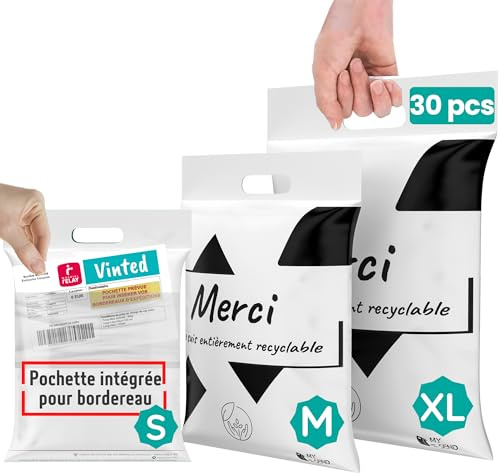MY SEND Enveloppe Plastique Expedition x30, Emballage Colis Vinted, Envoie vetement, chaussures, livres et carton. Sac recyclable avec poignée et pochette plastique A5 pour bordereau incluses