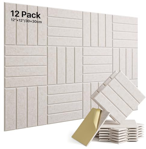 Soundsbay Acoustic Wall Panels Self-adhesive, 12 Pack Sound Proofing Panels High Density Sound Absorbing Panels for Podcast Studio, Living Room, Offices, Beige 30x30x0,9cm