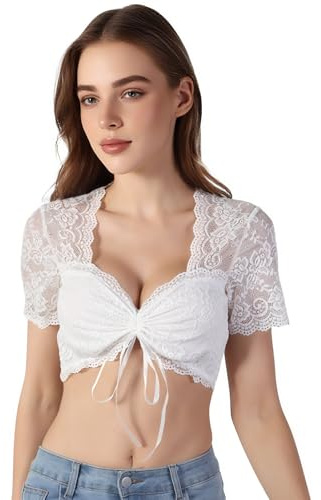 ZCJ Blusa Dirndl de Encaje para Mujer - Camisa Oktoberfest Tradicional con Cuello en V, Elegante Trachten de Manga Corta para Fiesta y Carnaval