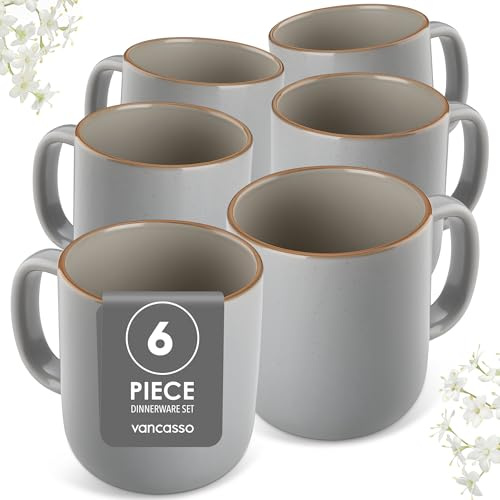 vancasso Reno Stoneware Mug Set of 6, 480ml Durable Coffee Cup and Mug for Kitchen, Home & Office, Microwave & Dishwasher Safe, Grey