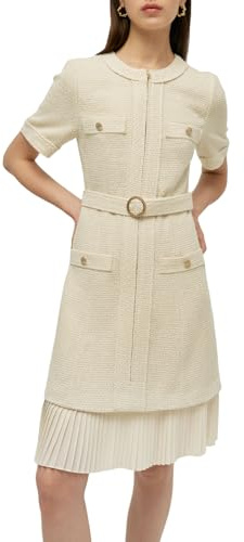 GOELIA Women's Fall Wool Blend Tweed Dress Short Sleeve Zipper A-line Crewneck Mini Dress for Business Work White Tweed Suit Formal Dresses with Belt