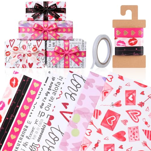 Hearts Wrapping Paper | 4 Sheets Birthday Gift Wrap Paper Set with 3 Ribbon | Eco Friendly Recyclable Valentines Gift Wrap for Anniversary, Wedding, Birthday, Valentines Day, Husband or Wife