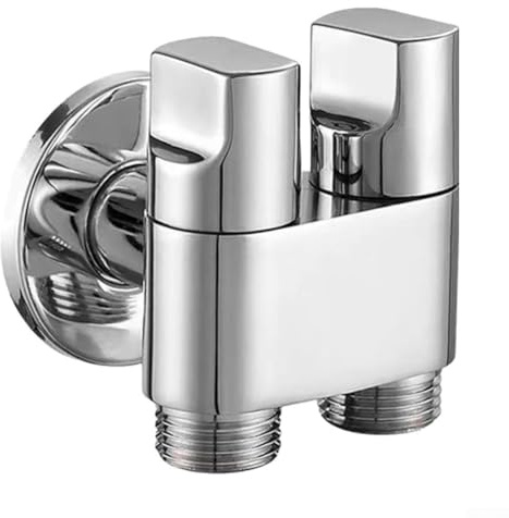 Honseadek Válvula de ángulo de aleación de doble control con 1 entrada y 2 salidas para lavadora y fregadero de cocina, presión ajustable G1/2 roscada resistente al óxido (plata)