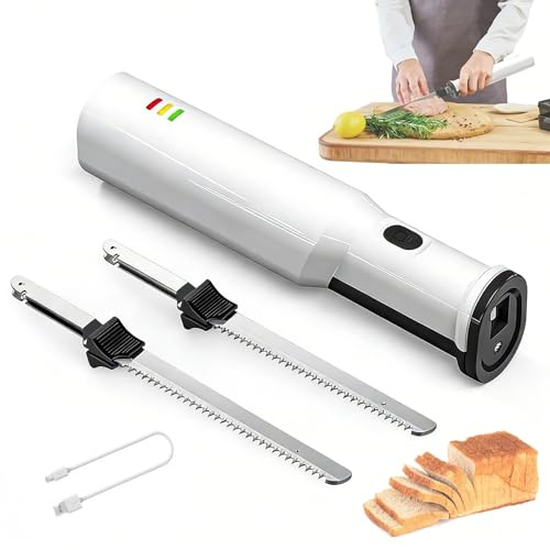 Coltello Elettrico per Carne, Affettatrice Ricaricabile Senza Fili con 2 Lame in Acciaio Inossidabile, sistemi di Sgancio Rapido 2S, Basse Vibrazioni e Rumore, per Pasticcerie, Panifici