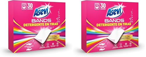 Asevi Bands Detergente en Tiras para Lavadora Color Protect - Detergente Concentrado Hipoalergénico para Ropa Blanca y de Color - Protege los Colores y Deja la Ropa Limpia y Perfumada - 2 x 30 Lavados