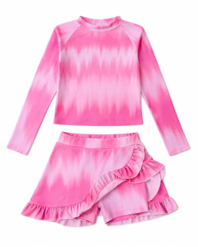 Tstiti Girls Rash Guard Swimsuit Long Sleeve Modest Swimsuit with Skirt Built-in Short 2 Piece Sets 3-12 Years
