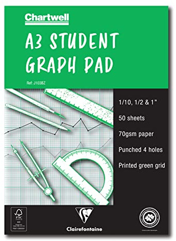Clairefontaine - Ref J103BZ - Chartwell Graph Pad (Contains 30 Sheets) - A3 (420 x 297mm) Sized, 1/10, 1/2 & 1 Inch Square Rulings, 70gsm Punched Paper, FSC-Certified