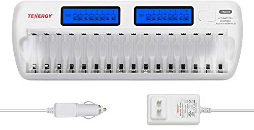 Tenergy TN438 16 Bay Battery Charger for AAA and AA Rechargeable Batteries, AA/AAA NiMH/NiCd Rechargeable Batteries Charger with AC Wall Adapter and Car Adapter
