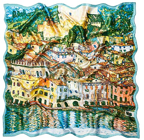 Prettystern Gustav Klimt sidenduk ungdomsstil färgglada konsttryck, P537 Malcesine Am Gardasjön, 90 cm X 90 cm