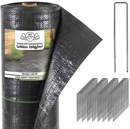 SKYLANTERN Toile de Paillage 50m² très épais 130g / m2 + 100 agrafes en Acier galvanisé - Geotextile Anti Repousse Gravier 50Mx1M pour Terrasses et Allées - Bache Noire Agricole + 100 Sardines