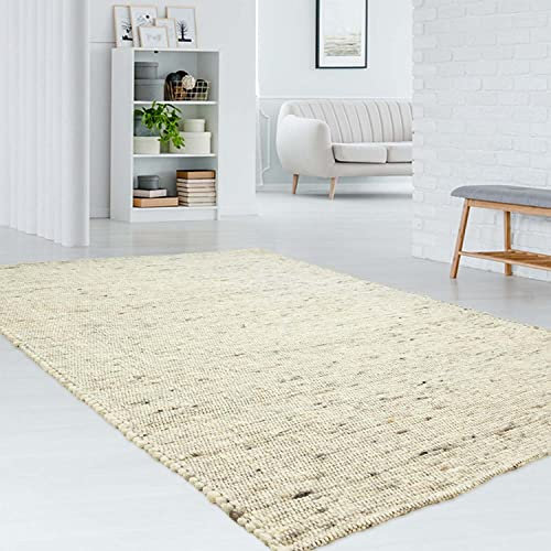 Taracarpet gewalkter exklusiver Hand-Web-Teppich handgewebter Teppich aus Wolle mit SCHWARZER Kette 090x160 cm Beige