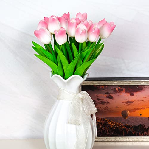 Sequpr 20 Stück Künstliche Tulpen, Künstliche Tulpen wie echt, Tulpenstrauß, Kunsttulpen Real Touch für Innen Vase, Hochzeit, Blumenarrangements, Deko (Rosa)
