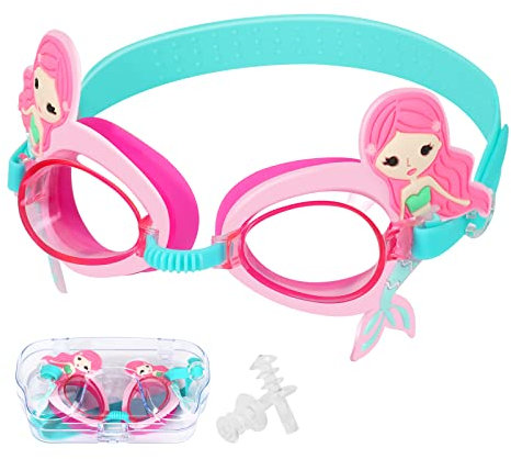Pwsap Anti-Fog Schwimmbrille für Mädchen 4-14, Süße Meerjungfrau Schwimmbrille, Schwimmbrille mit Breiten Gläsern, Orbit-Proof Dichtungen, Ohrstöpsel, Brillenbox