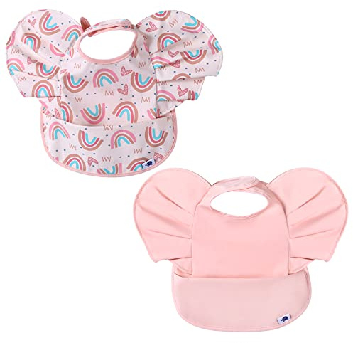 SYVOFOX 2 Pack Baby Weaning Bibs, Soft Waterproof Baby Feeding Bib with Food Catcher Pocket, Wipe Clean Toddler Apron Smock for Girls 6-24 Months (Pink Rainbow)