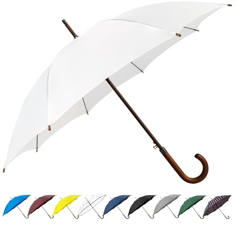 SoulRain Regenschirm mit klassischem Holzgriff, automatisches Öffnen, winddicht, transparent, unzerbrechlich, 121,9 cm, (Weiß)