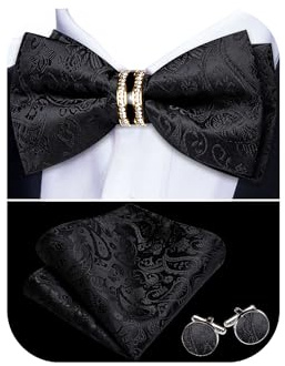 YOHOWA Men Pre-Tied Bow Tie Pocket Square Wedding Prom Set with Gold Diamond Ring