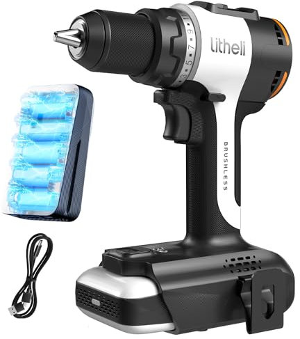 Litheli Taladro inalámbrico 20V con batería Li-Ion de 10.000mAh, par máximo de 60 Nm, 17+1 niveles de par, portabrocas sin llave de 13 mm, 2 niveles de velocidad y luz LED para reparaciones en casa